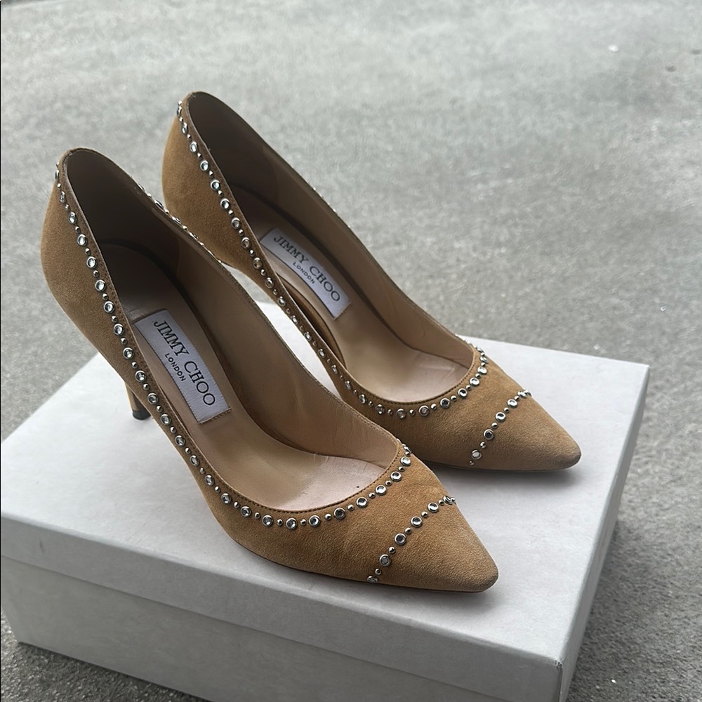 Jimmy Choo Romy Camel Suede Heels with Brogue Detailing